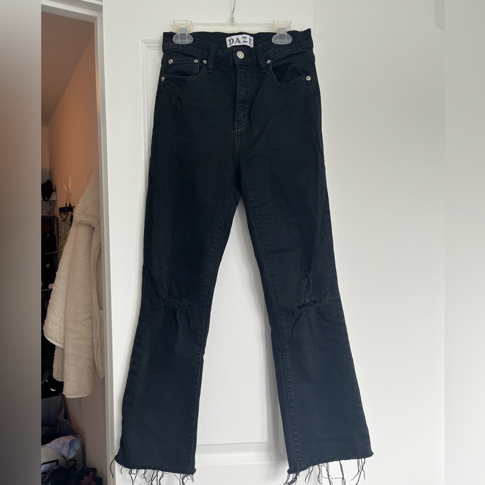 Shy Girl Black Distressed High-Waisted Cropped Flare Jeans